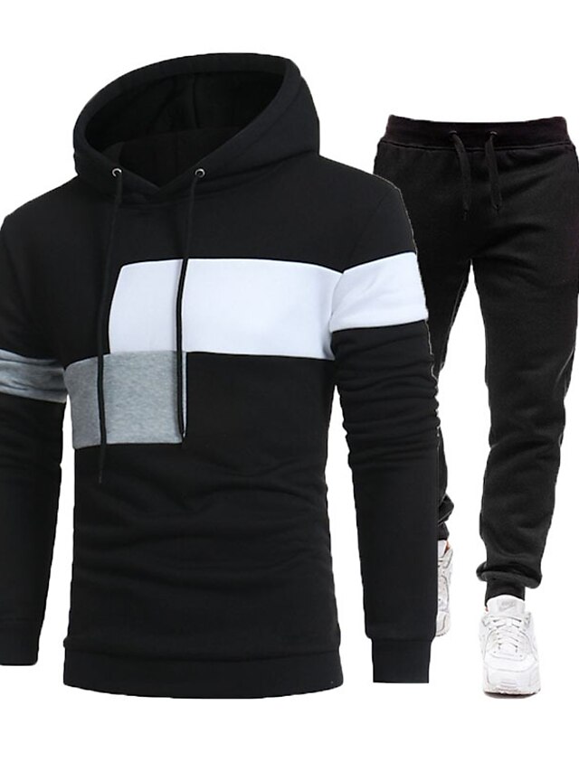  Men's Tracksuit Workout Outfits GYM Pants Gym Shirt Hooded Sports & Outdoor Daily Holiday Quick Dry Soft Color Block Black White Khaki Activewear Streetwear Sport Fall & Winter Hoodies Sweatshirts 