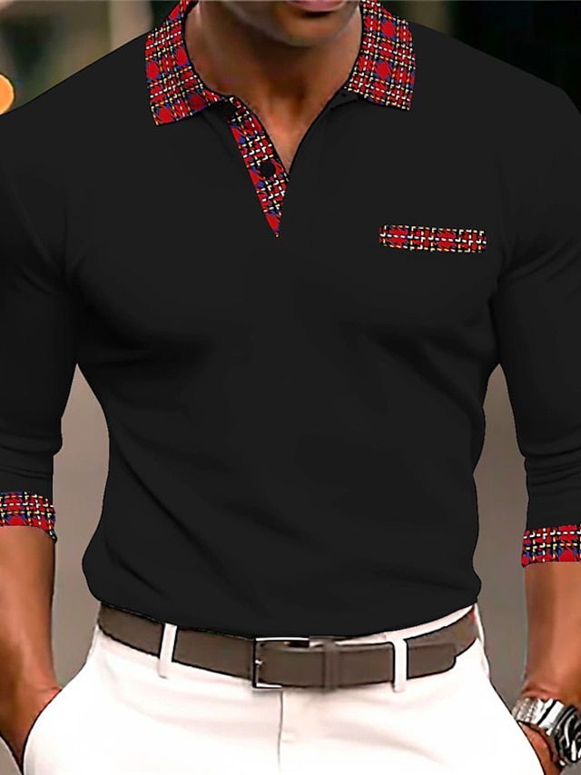  Plaid / Check Men's Business Print 3D Cable Knit Polo Golf Polo Outdoor Casual Daily Streetwear Polyester Long Sleeve Turndown Polo Shirts Black White Spring & Summer S M L Micro-elastic Lapel Polo