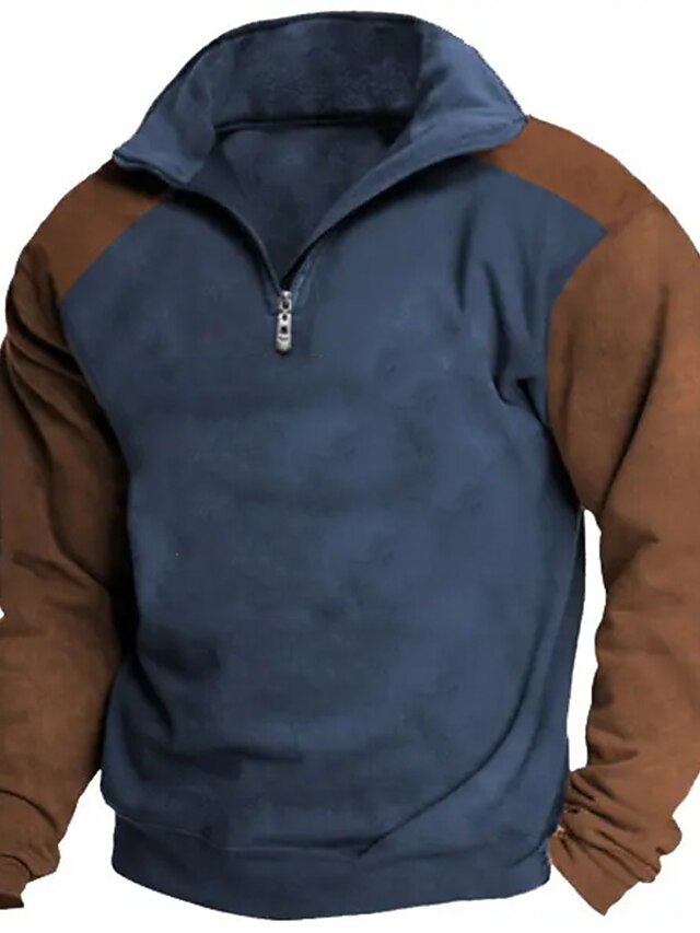  Men's Sweatshirt Quarter Zip Sweatshirt Blue Standing Collar Plain Patchwork Color Block Sports & Outdoor Daily Holiday Streetwear Basic Casual Spring &  Fall Clothing Apparel Hoodies Sweatshirts 