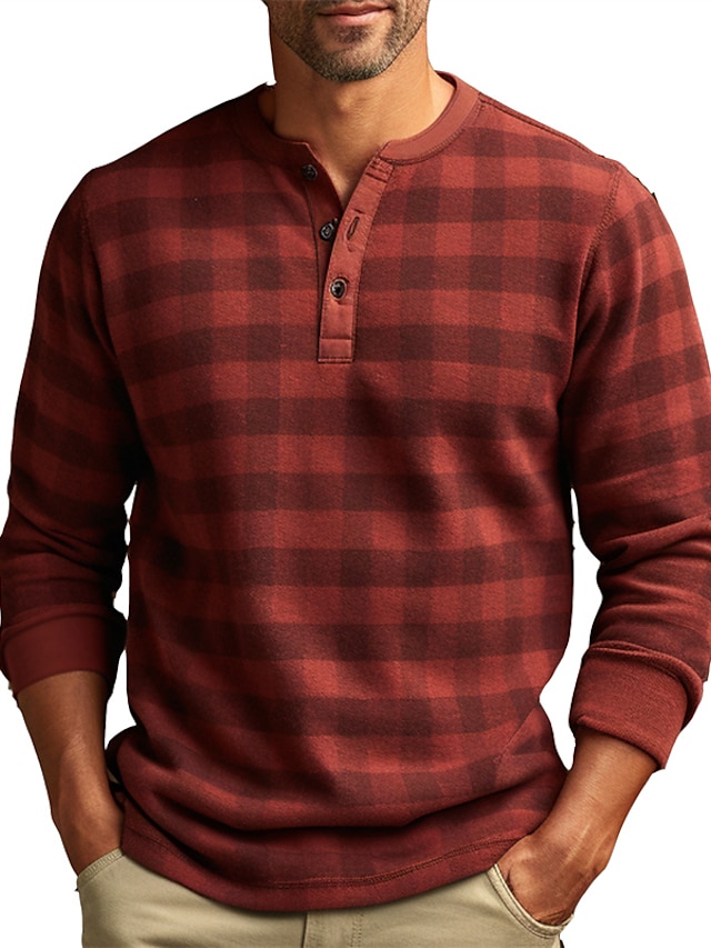  Graphic Plaid Fashion Daily Casual Men's 3D Print Henley Shirt Casual Holiday Going out T shirt Blue Red & White Brown Long Sleeve Henley Shirt Spring &  Fall Clothing Apparel S M L XL XXL 3XL 4XL