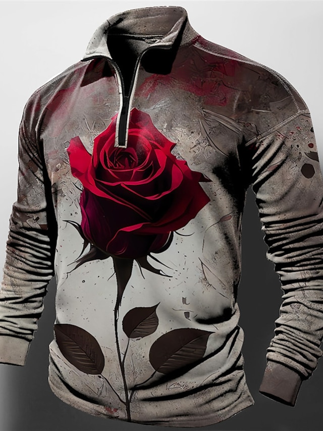  Valentine's Day Rose Men's Abstract Print 3D Zip Polo Outdoor Casual Daily Streetwear Polyester Long Sleeve Zip Polo Shirts Wine Purple Spring & Summer S M L Micro-elastic