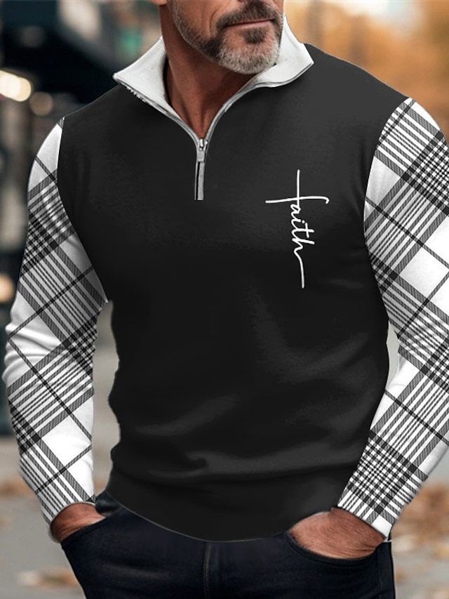  Plaid Faith Men's Business Print 3D Zip Polo Golf Polo Outdoor Casual Daily Streetwear Polyester Long Sleeve Zip Polo Shirts Black White Fall & Winter S M L Micro-elastic Lapel Polo