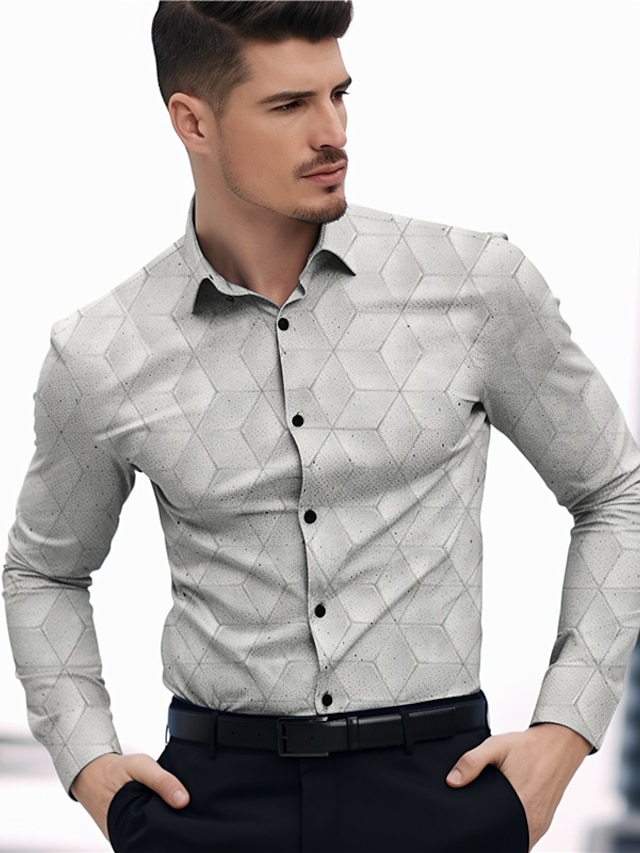  Geometry Business Men's Shirt Daily Wear Going out Spring & Summer Turndown Long Sleeve Blue, Beige, Gray S, M, L 4-Way Stretch Fabric Shirt