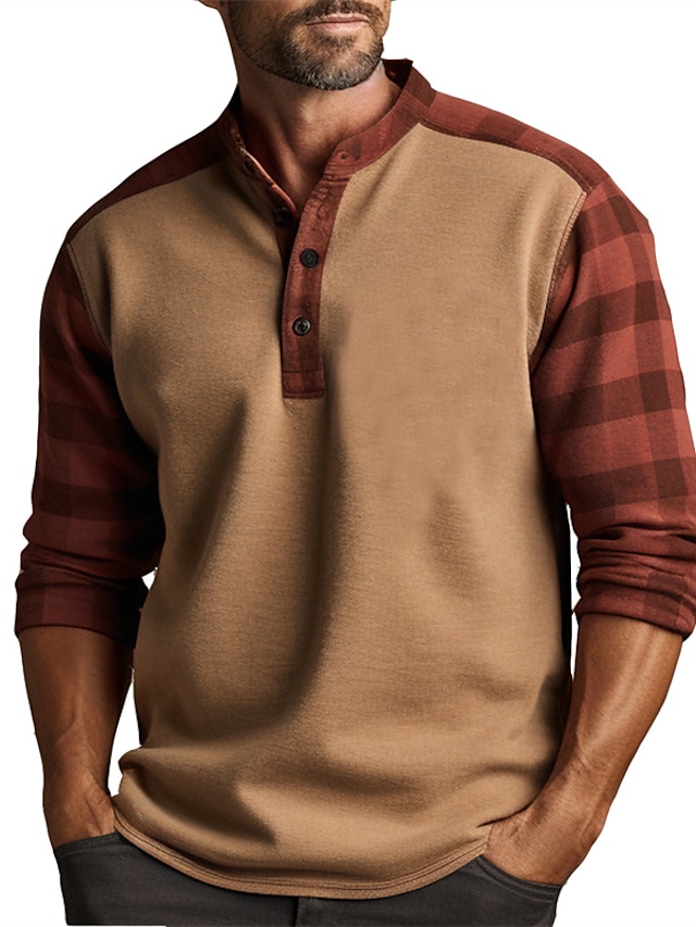  Graphic Plaid Color Block Fashion Daily Casual Men's 3D Print Henley Shirt Casual Holiday Going out T shirt Blue Brown Green Long Sleeve Henley Shirt Spring &  Fall Clothing Apparel S M L XL XXL 3XL