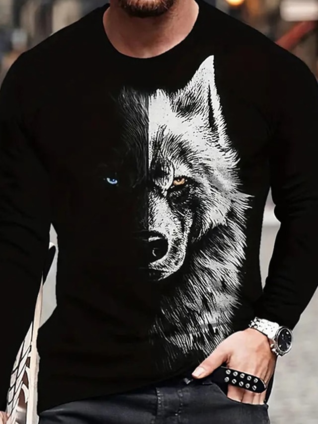  Graphic Animal Wolf Fashion Designer Casual Men's 3D Print T shirt Tee Sports Outdoor Holiday Going out T shirt Black Long Sleeve Crew Neck Shirt Spring &  Fall Clothing Apparel S M L XL 2XL 3XL 4XL