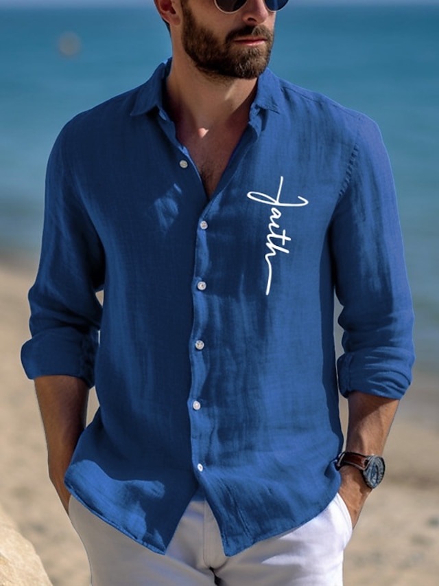  55% Linen Print Men's Linen Shirt Shirt Blue Long Sleeve Faith Lapel Spring &  Fall Outdoor Daily Clothing Apparel