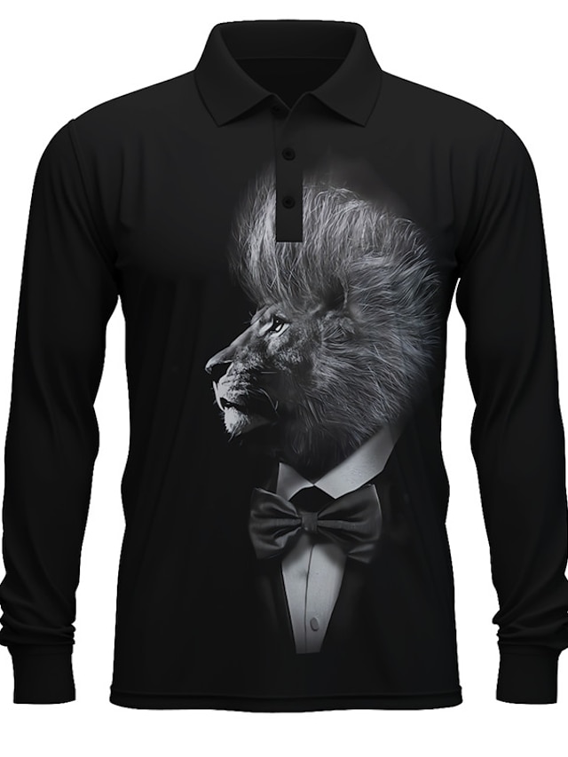  Lion Men's Casual Print 3D Outdoor Casual Daily Streetwear Polyester Long Sleeve Turndown Polo Shirts Black Brown Fall & Winter S M L Micro-elastic Lapel Polo