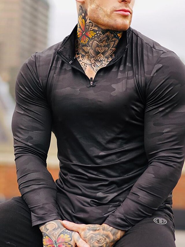  Men's T shirt Tee Gym Shirt Compression Shirt Running Shirt Men Tops Crew Neck Long Sleeve Sports & Outdoor Vacation Going out Casual Daily Quick dry Moisture Wicking Breathable Soft Plain Black Blue