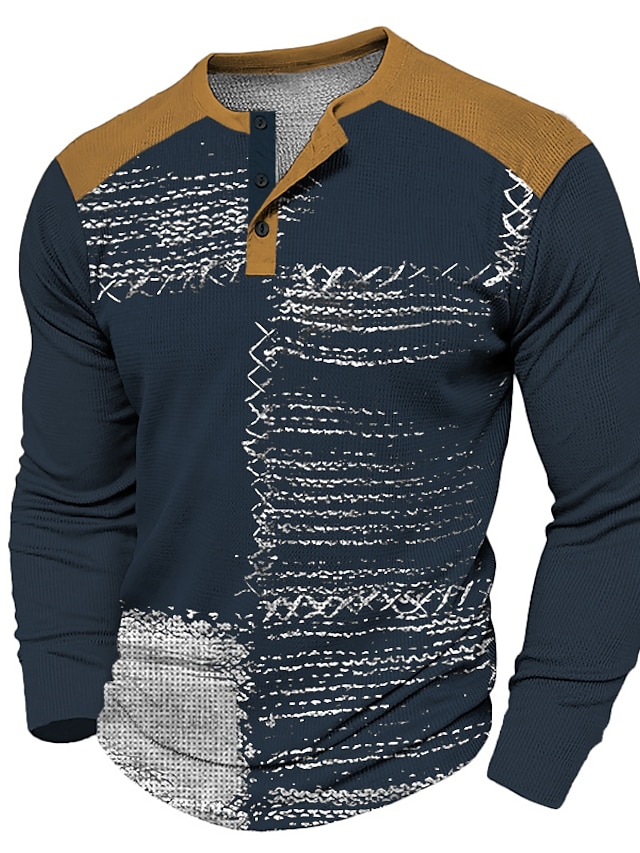 Graphic Color Block Fashion Designer Casual Men's 3D Print Henley Shirt Waffle T Shirt Sports Outdoor Holiday Festival T shirt Black Army Green Dark Blue Long Sleeve Henley Shirt Spring &  Fall