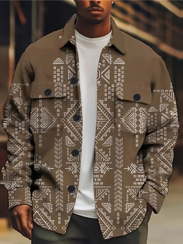  Geometry Ethnic Vintage Tribal Men's Shirt Shirt Jacket Shacket Daily Wear Going out Weekend Fall & Winter Turndown Long Sleeve Black, Khaki S, M, L Polar Fleece Shirt