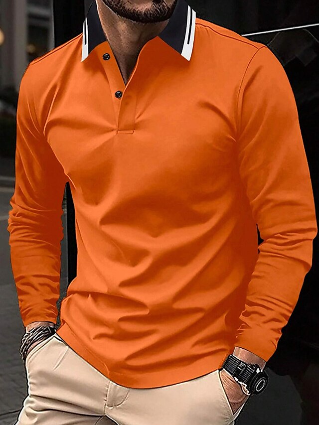  Men's Polo Shirt Button Up Polos Casual Sports Lapel Long Sleeve Fashion Basic Plain Button Splice Spring &  Fall Regular Fit Orange Polo Shirt