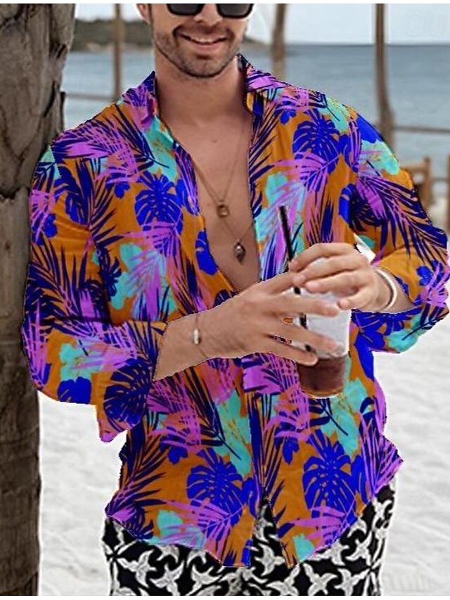  Leaf Tropical Hawaiian Fashion Casual Men's Shirt Button Up Shirt Casual Shirt Daily Hawaiian Vacation Spring &  Fall Lapel Long Sleeve Purple S, M, L 100% Cotton Shirt