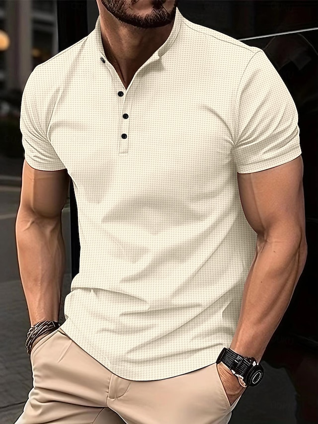  Men's T shirt Tee Waffle Polo Shirt Work Street Stand Collar Short Sleeves Solid Color Basic Summer Loose Fit Black Red Dark Navy khaki Army Green T shirt Tee