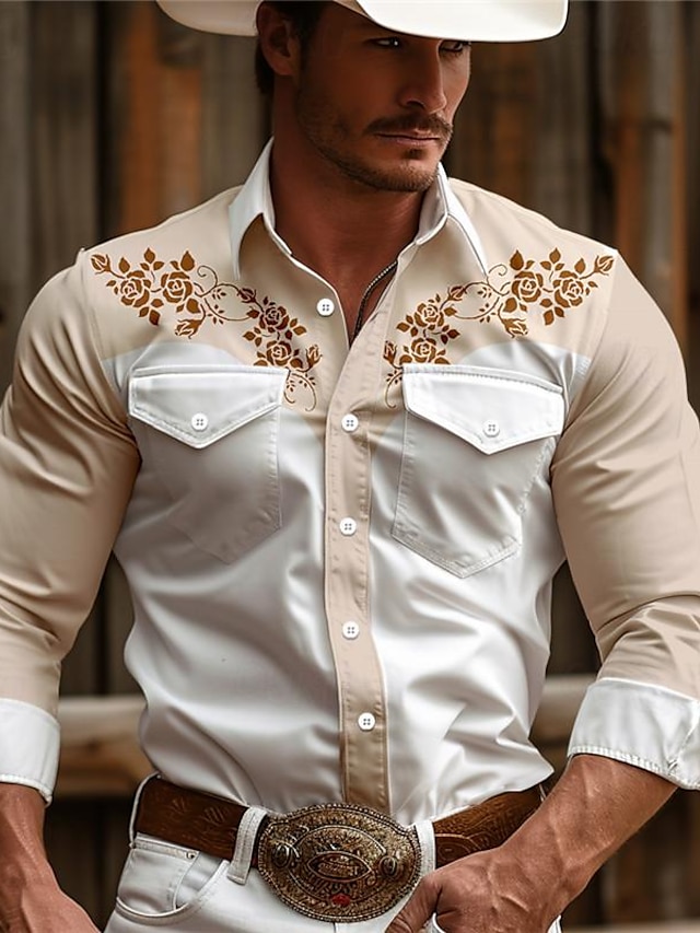  Floral Men's Vintage western style 3D Printed Western Shirt  Daily Wear Going out Weekend Spring & Summer Turndown Long Sleeve Pink Khaki Beige S M L 4-Way Stretch Fabric Shirt