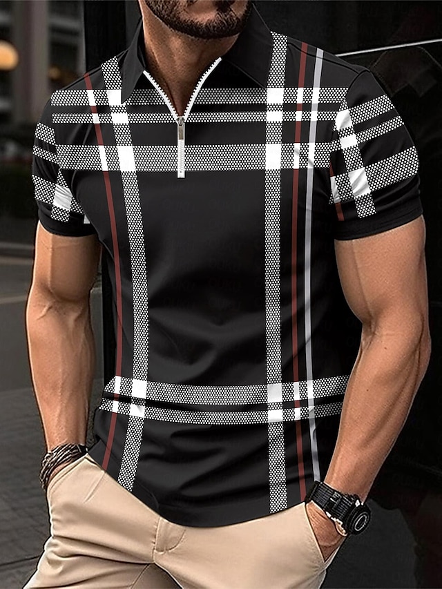  Male Polo Shirt Knit Polo Casual Date Lapel Short Sleeves Fashion Plaid / Striped / Chevron / Round Printing Knitting Summer Dry-Fit Black White Red Navy Blue Brown Polo Shirt