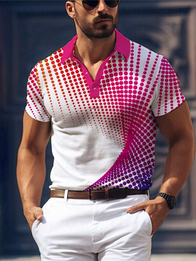  Geometry Men's Business 3D Print Polo Shirt Golf Polo Outdoor Daily Wear Streetwear Polyester Short Sleeve Turndown Polo Shirts Blue Purple Summer S M L Micro-elastic Lapel Polo