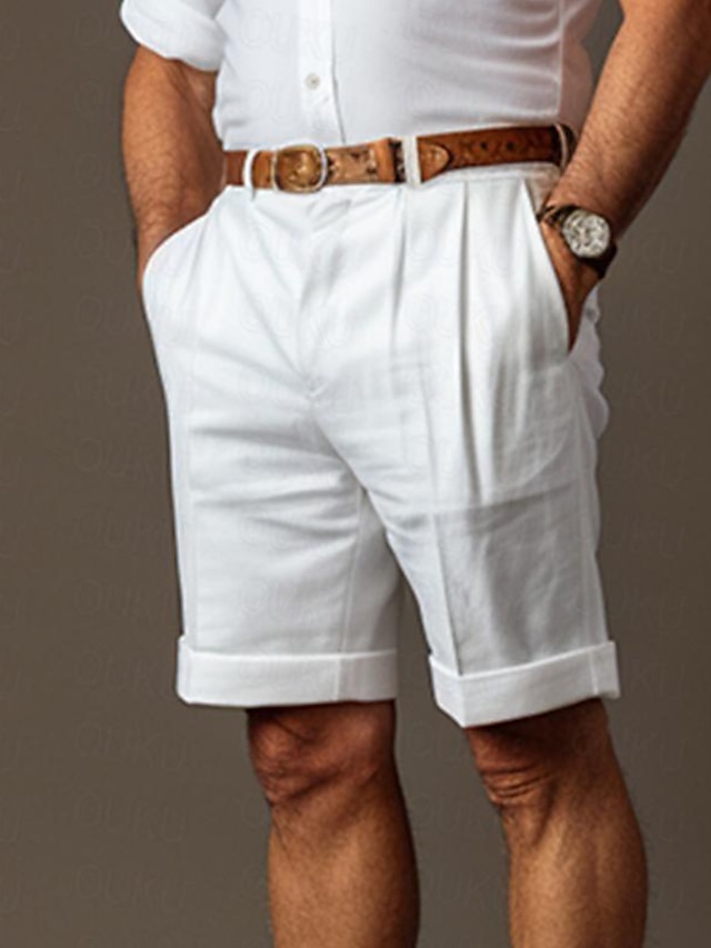  Men's Shorts Linen Shorts Summer Shorts Pocket Elastic Waist Plain Comfort Breathable Outdoor Daily Going out Linen Cotton Blend Fashion Casual Black White