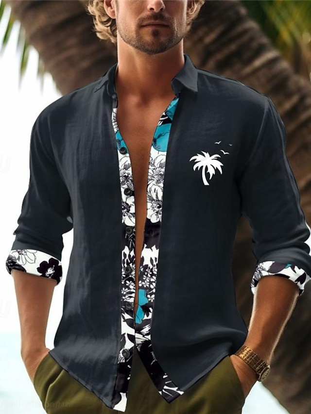  Palm Tree Men's Resort Hawaiian Casual 3D Printed Shirts Daily Wear Going out Weekend Spring Turndown Long Sleeve Black, White, Pink S, M, L Polyester Slub Fabric Shirt