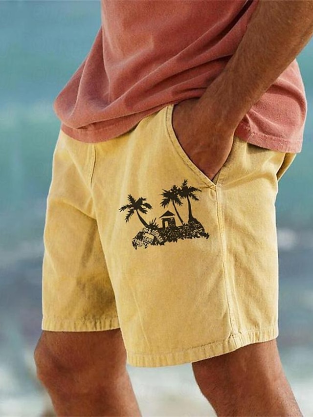  Coconut Tree Men's Cotton Linen Shorts Summer Hawaiian Shorts Beach Shorts Print Drawstring Elastic Waist Breathable Soft 10% Linen Shorts Casual Daily Holiday Streetwear