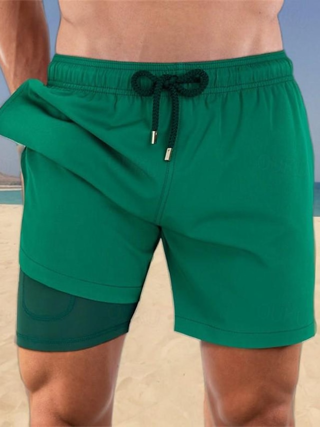  Men's Board Shorts Swim Trunks Going out Weekend Breathable Quick Dry Drawstring Elastic Waist with Pockets Plain Short Gymnatics Casual Activewear Green