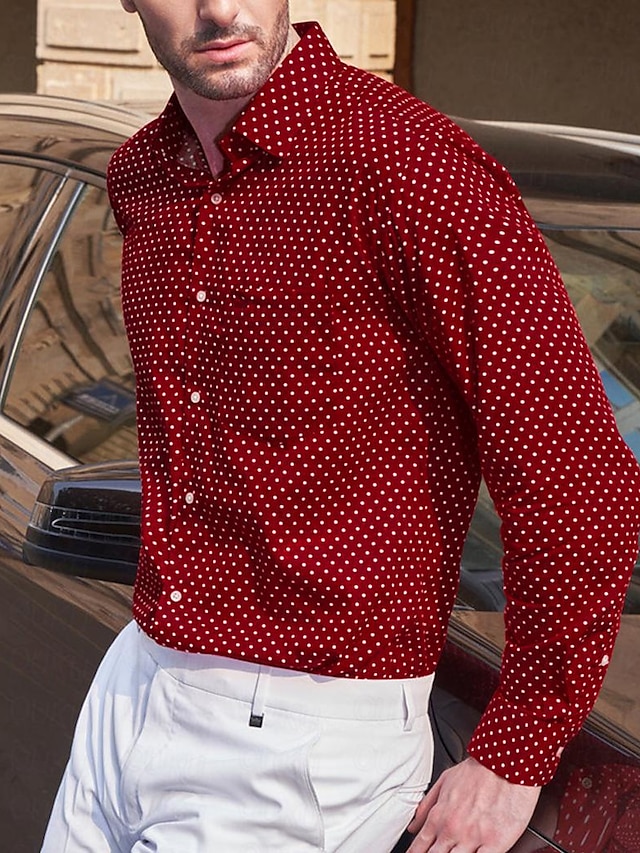  Men's Shirt Button Up Shirt Casual Shirt Red Long Sleeve Polka Dot Lapel Daily Vacation Front Pocket Clothing Apparel Fashion Casual Comfortable
