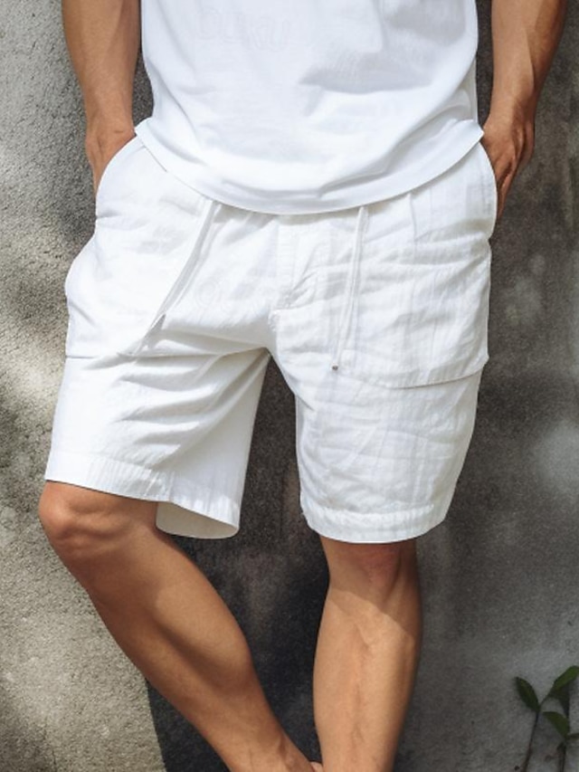  Men's Shorts Linen Shorts Summer Shorts Pocket Drawstring Elastic Waist Plain Comfort Breathable Short Casual Daily Holiday Linen Cotton Blend Fashion Classic Style Black White