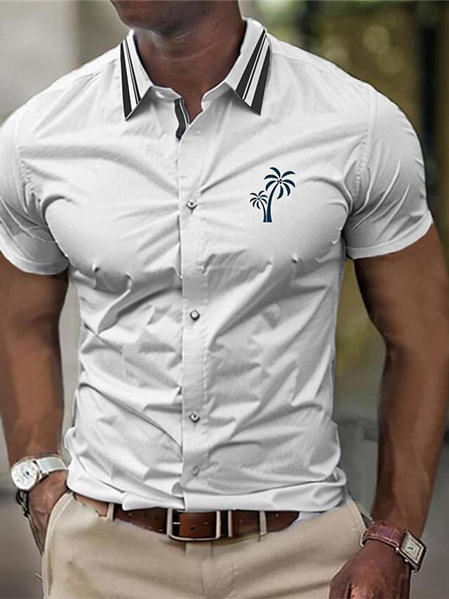  Palm Tree Men's Business Casual 3D Printed Shirt Outdoor Street Wear to work Summer Turndown Short Sleeves White Pink Green S M L 4-Way Stretch Fabric Shirt
