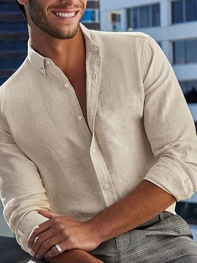  Men's Shirt Linen Shirt Button Up Shirt Beach Shirt Beige Long Sleeve Plain Lapel Spring &  Fall Casual Daily Clothing Apparel