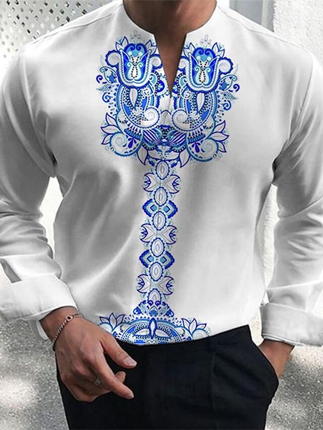  Floral Pattern Men's Tribal Style 3D Printed Henley Shirt Daily Wear Going out Spring &  Fall V Neck Long Sleeve Blue, Purple, Light Blue S, M, L 4-Way Stretch Fabric Shirt