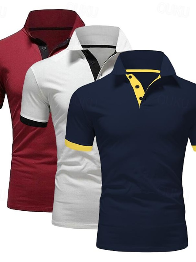  3 Pack Men's Golf T-Shirt Polo Shirt Casual Sports Lapel Short Sleeve Fashion Basic Color 3-Piece Summer Regular Fit Gray Black   Navy Blue Blue Wine White Polo Shirt