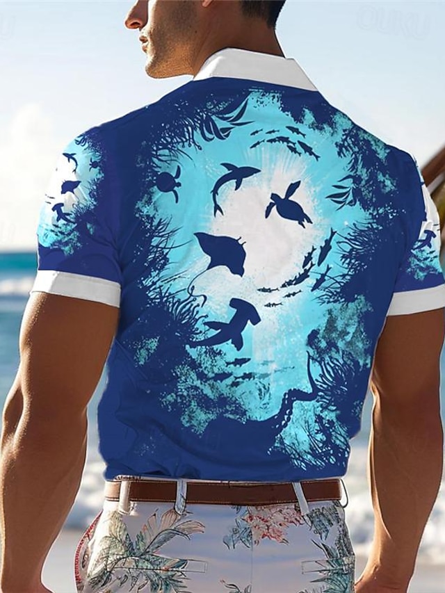  Shark Fish Turtle Men's Resort Hawaiian 3D Printed Shirt Button Up Short Sleeve Summer Beach Shirt Vacation Daily Wear S TO 3XL