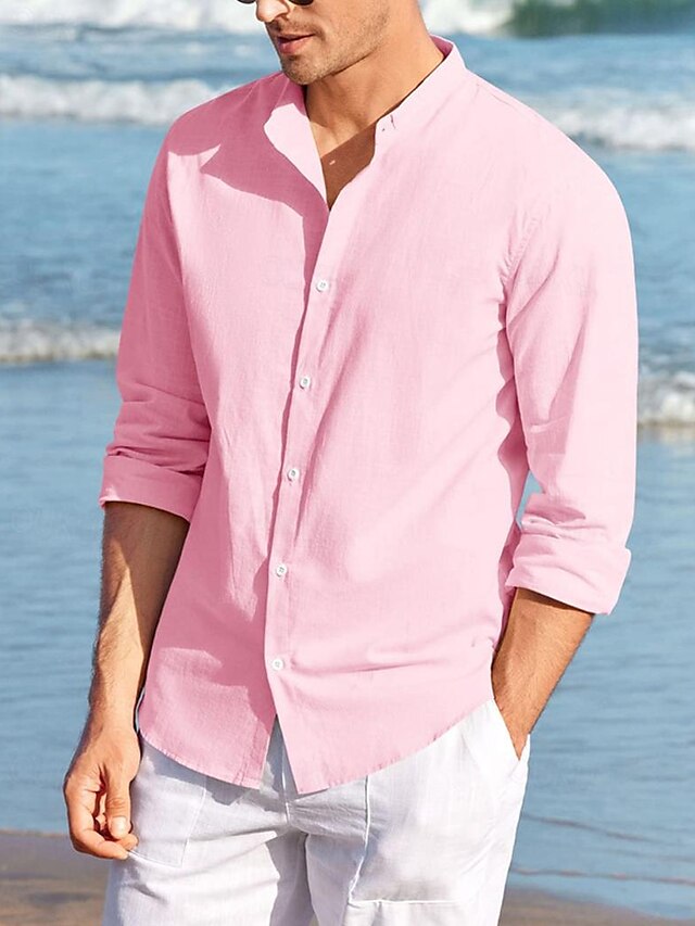  Men's Linen Shirt Shirt Button Up Shirt Beach Shirt Pink Army Green Long Sleeve Plain Lapel Spring &  Fall Casual Daily Clothing Apparel