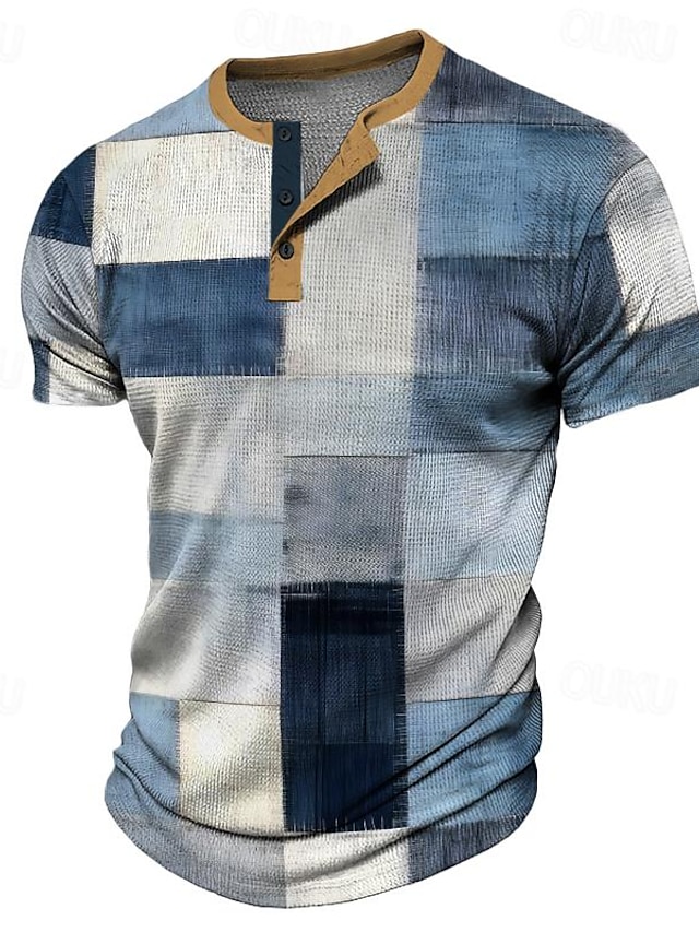  Plaid Faux Patchwork Pattern Men's Fashion Casual 3D Print Waffle Henley T Shirt Tee Sports Outdoor Casual Daily T shirt Blue Brown Green Gray Short Sleeve Henley Shirt Spring & Summer Clothing