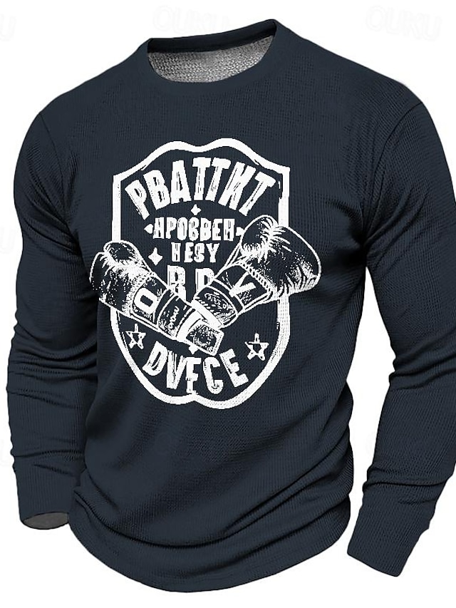  Graphic Boxing Glove Retro Vintage Casual Street Style Men's 3D Print T shirt Tee Waffle T Shirt Sports Outdoor Holiday Going out T shirt Black Burgundy Navy Blue Long Sleeve Crew Neck Shirt Spring