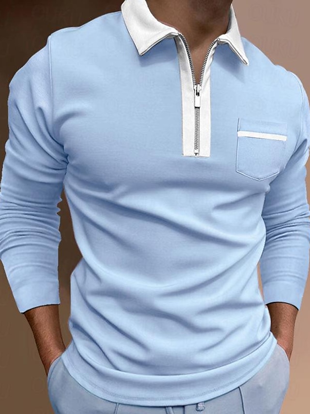  Men's Quarter Zip Polo Golf Shirt Work Daily Wear Zip Long Sleeve Fashion Comfortable Color Block Pocket Spring &  Fall Regular Fit Black Red Navy Blue Blue Light Grey Beige Quarter Zip Polo