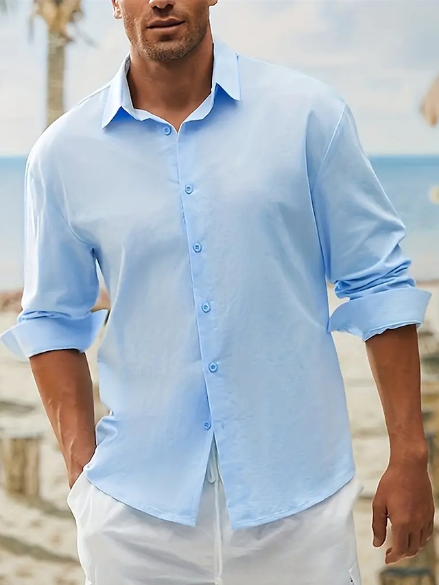  Men's Linen Shirt Shirt Button Up Shirt Beach Shirt Blue Long Sleeve Plain Lapel Spring &  Fall Casual Daily Clothing Apparel