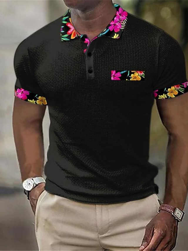  Floral Men's Business Casual 3D Print Waffle Polo Shirt Street Wear to work Daily Wear Waffle Fabric Short Sleeve Turndown Polo Shirts Black White Summer S M L Micro-elastic Lapel Polo