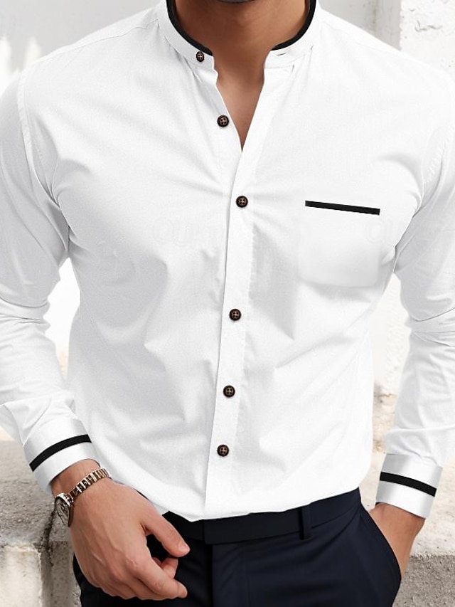  Men's Shirt Dress Shirt Button Up Shirt White Navy Blue Light Blue Gray Long Sleeve Patchwork Standing Collar Wedding Daily Front Pocket Clothing Apparel Fashion Casual Comfortable Smart Casual