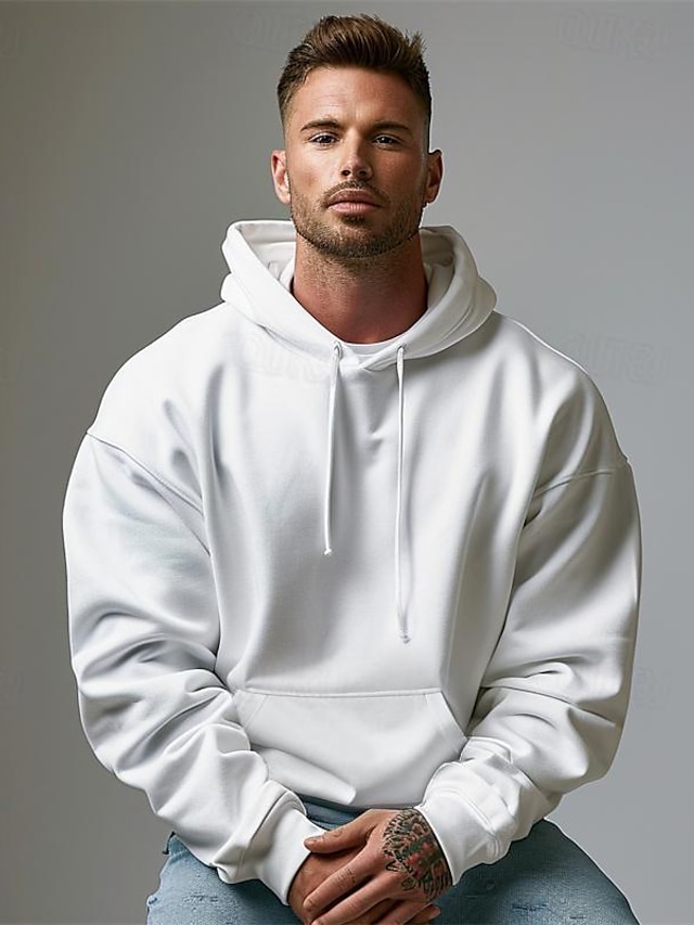  Men's Hoodie Black White Hooded Plain Sports & Outdoor Daily Holiday 100% Cotton Streetwear Cool Casual Spring &  Fall Clothing Apparel Hoodies Sweatshirts  Long Sleeve