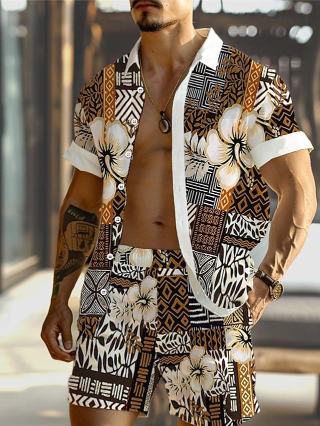 80er Jahre Outfit Für Herren – Hawaiihemd & Shorts Set, Polyester-Spandex, Bunt & Elastisch