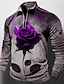 cheap Graphic Polo-Valentine&#039;s Day Rose Men&#039;s Abstract Print 3D Zip Polo Outdoor Casual Daily Streetwear Polyester Long Sleeve Zip Polo Shirts Wine Purple Spring &amp; Summer S M L Micro-elastic