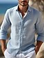cheap Men&#039;s Linen Shirts-Men&#039;s Shirt Linen Shirt Button Up Shirt Beach Shirt Blue Long Sleeve Plain Lapel Spring &amp;  Fall Casual Daily Clothing Apparel