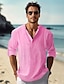 abordables camisas casuales de los hombres-Hombre camisa de lino Camisa casual Camisa de playa Henley Shirt Negro Blanco Rosa Manga Larga Plano Henley Primavera verano Hawaiano Festivos Ropa
