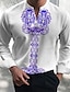 cheap Men&#039;s Printed Shirts-Floral Pattern Men&#039;s Tribal Style 3D Printed Henley Shirt Daily Wear Going out Spring &amp;  Fall V Neck Long Sleeve Blue, Purple, Light Blue S, M, L 4-Way Stretch Fabric Shirt